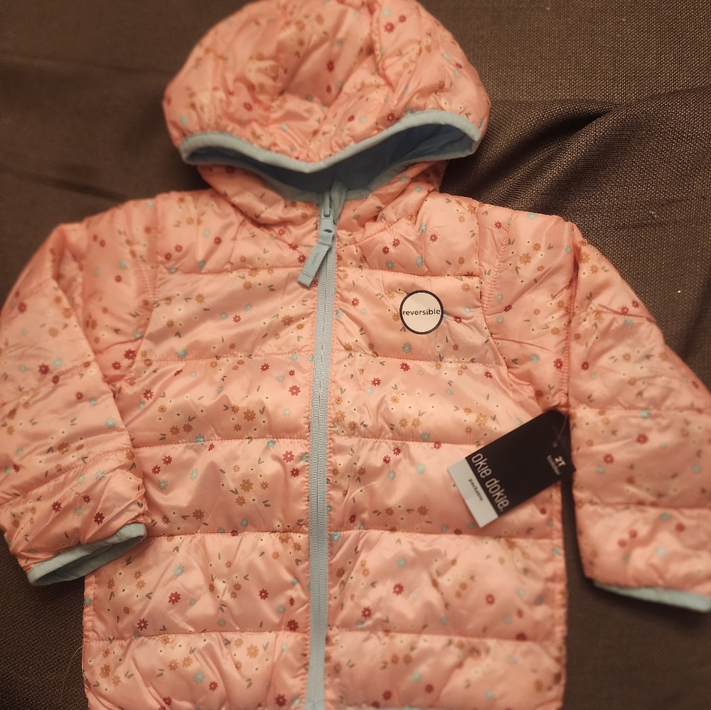 Nwt 2T pink floral reversible packable puffer coat with hood